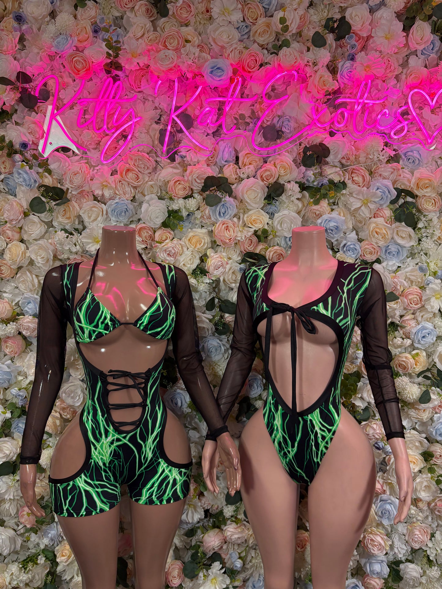 Bottlegirl One-Piece Bodysuit Green Non Mettalic  Lightening - Custom Design | Exotic Dancewear for Performers, Raves, & Nights Out