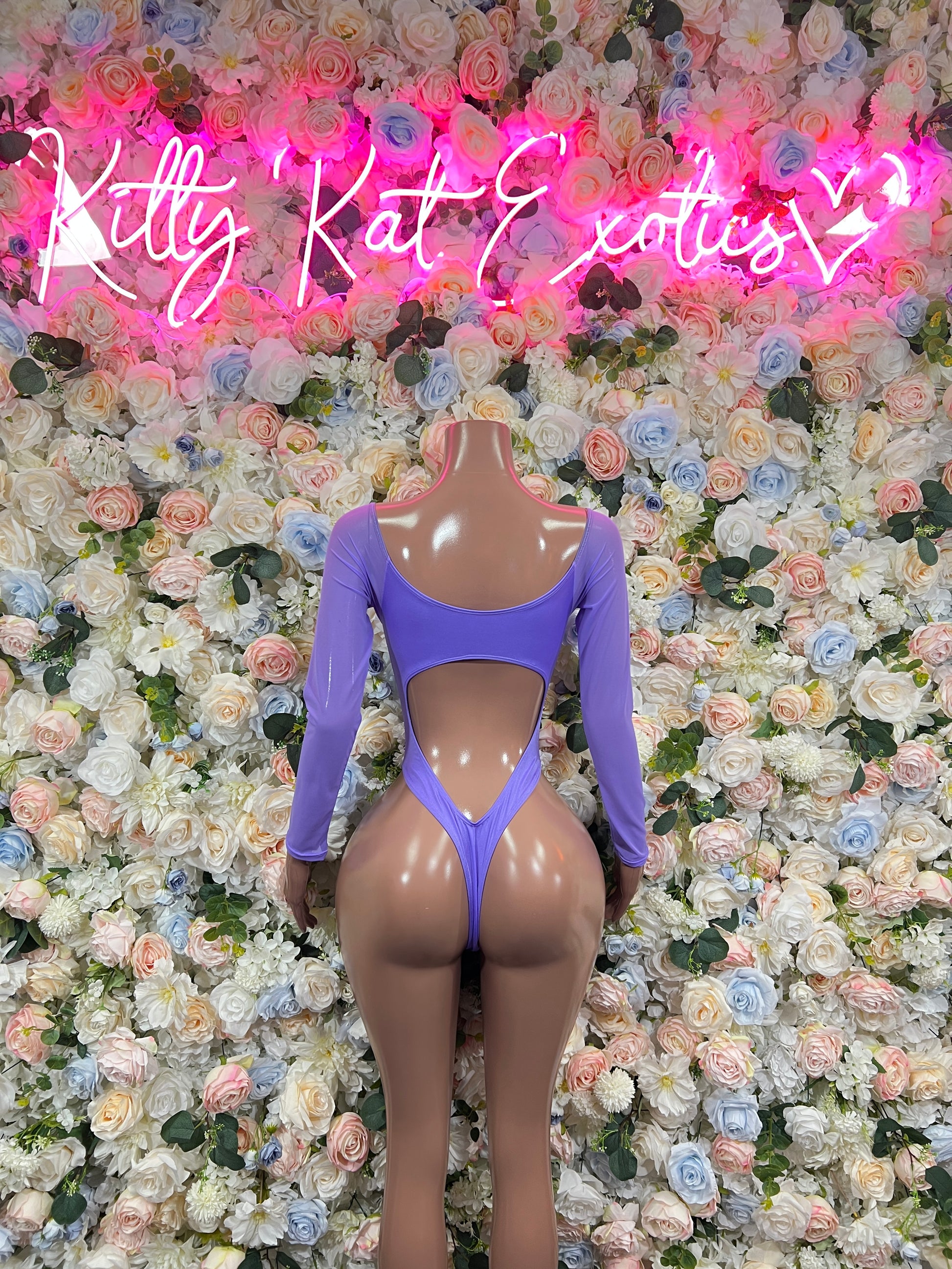 Purple one-piece bodysuit with long sleeves, plunging neckline, high-cut legs