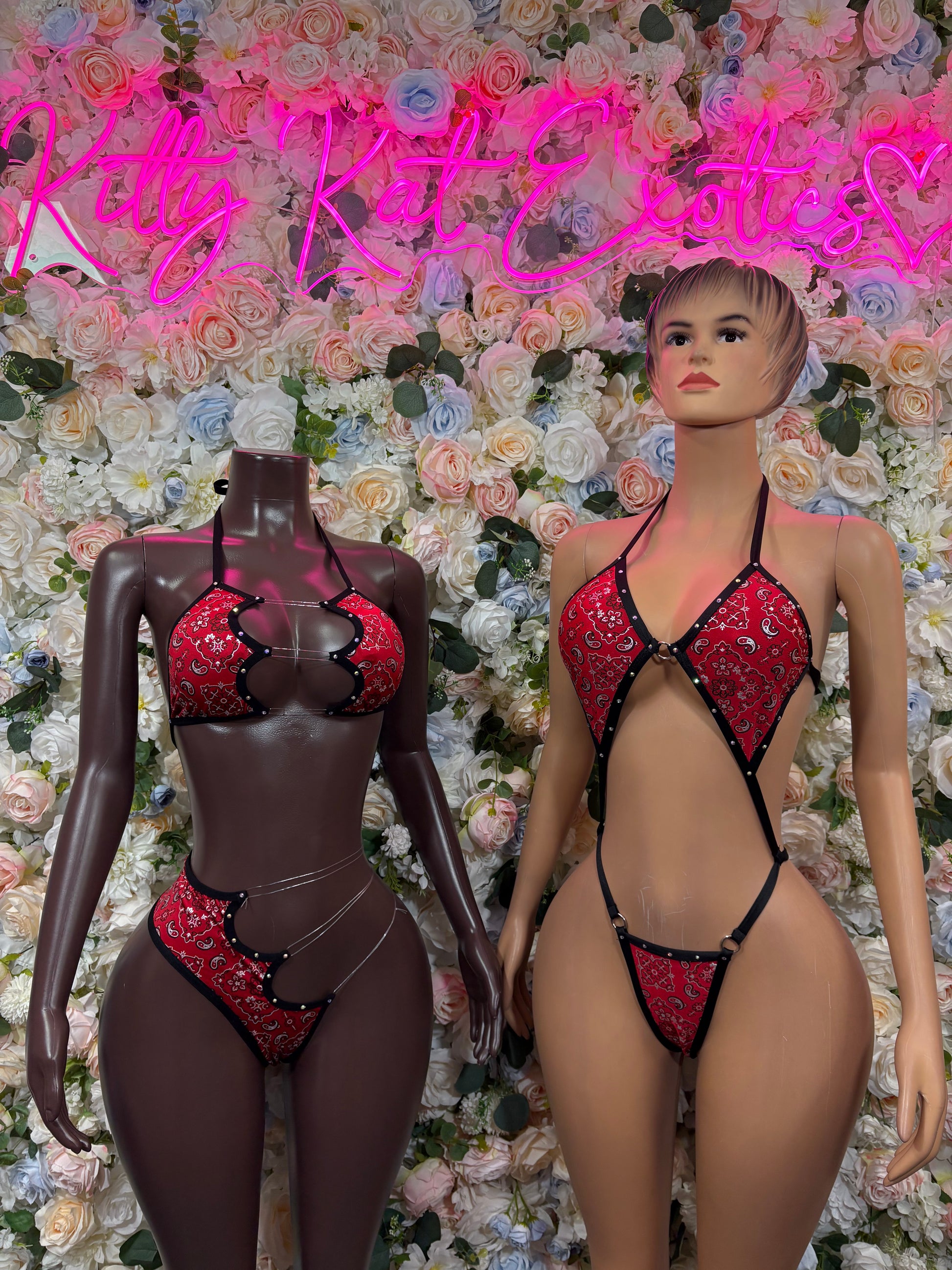 Red and black strappy lingerie set with printed bra and matching thong