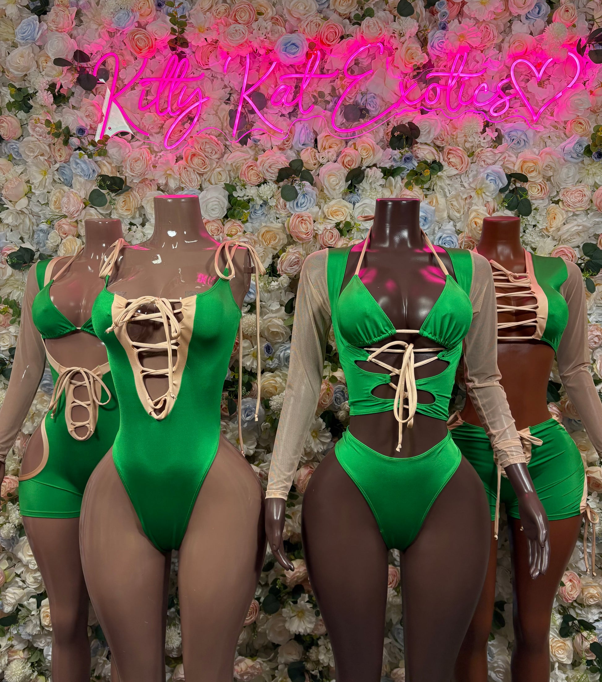 Green lace-up bodysuit with V-neck and long mesh sleeves, multiple views