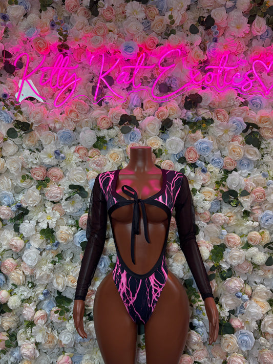 Black long-sleeve bodysuit with neon pink lightning bolt print and tie-front cutout