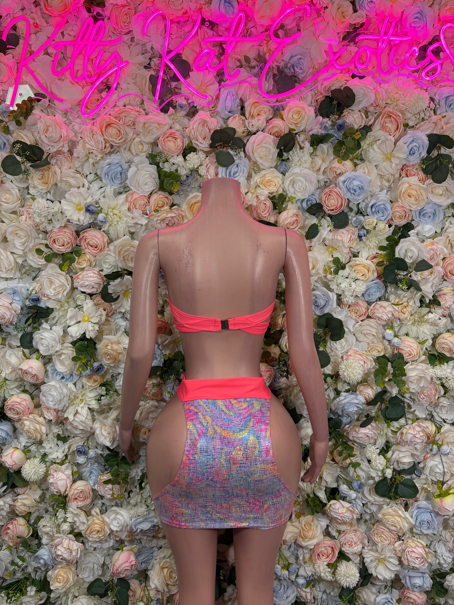 Rainbow holographic bandeau crop top and mini skirt set, strappy back view