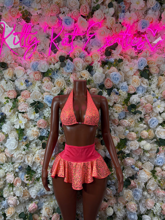 Bottlegirl Two-Piece Coral Cheetah Print - Hologram Design | Exotic Dancewear for Performers, Raves