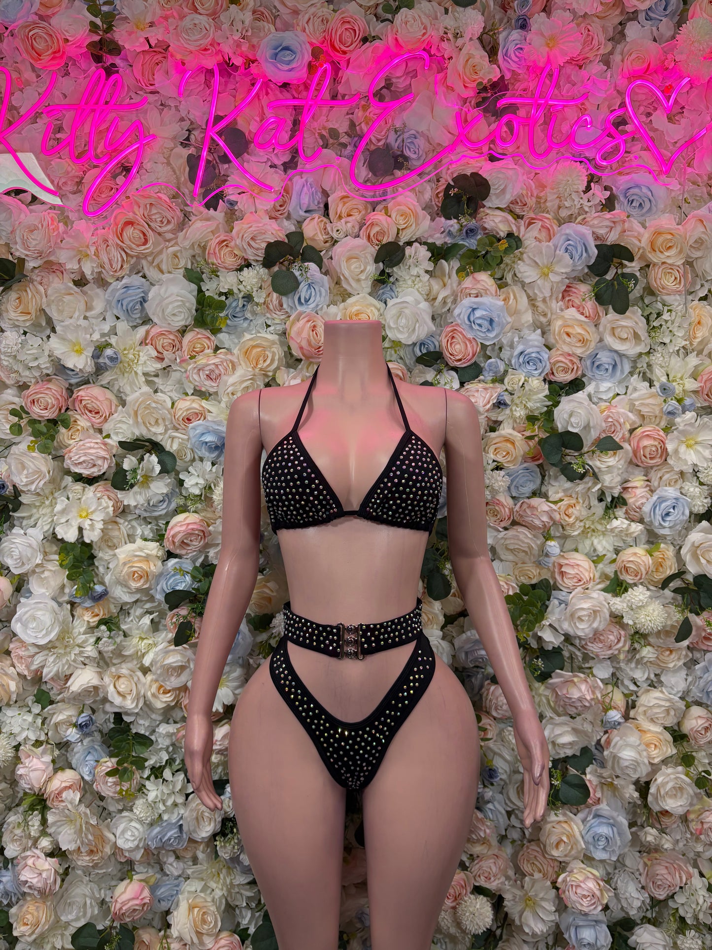Rave Outfits Bikini Two  Piece Black Rhinestone