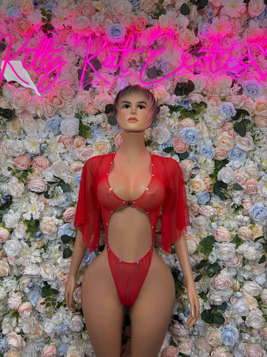 Red one-piece bodysuit with scoop neckline and sheer sleeves, front view
