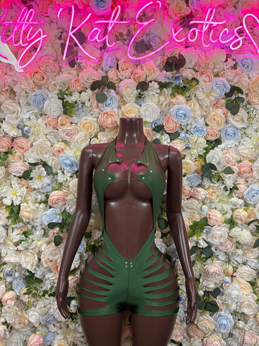 Forest green cutout bodysuit with strappy front and high-leg bottom