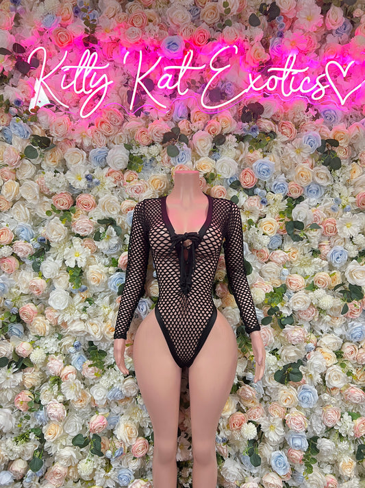 Bottlegirl Black Fishnet Bodysuit  - One Piece Bartender Outfit, EDM Dancewear, Party Clubwear