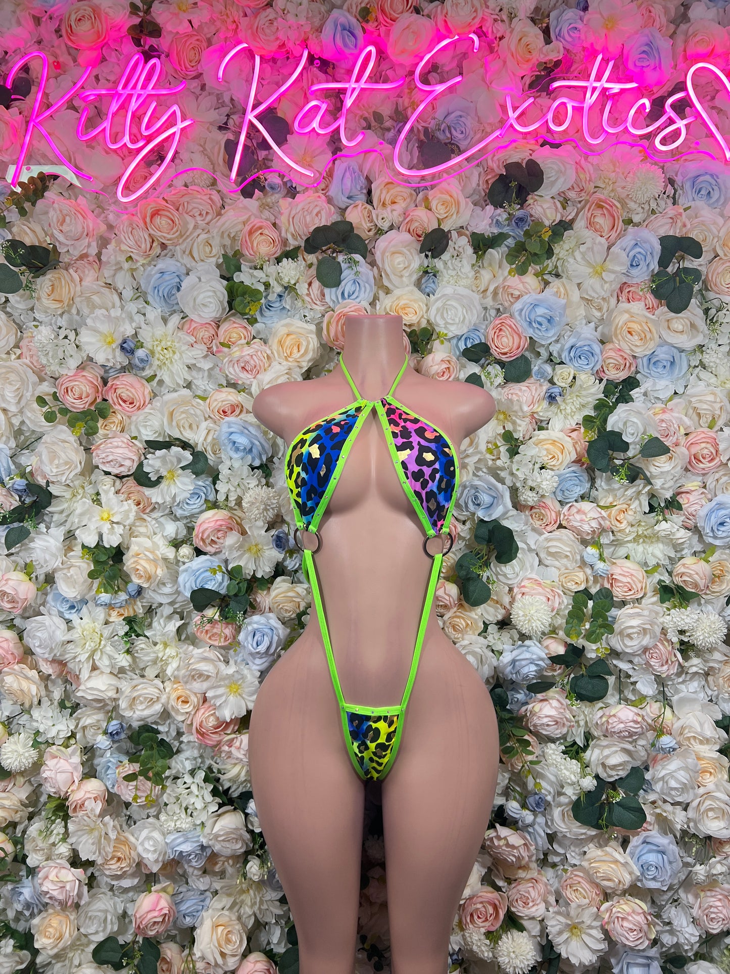 Neon Green Rainbow Leopard Print Cutout Bodysuit | Rave Festival Exotic Dancewear