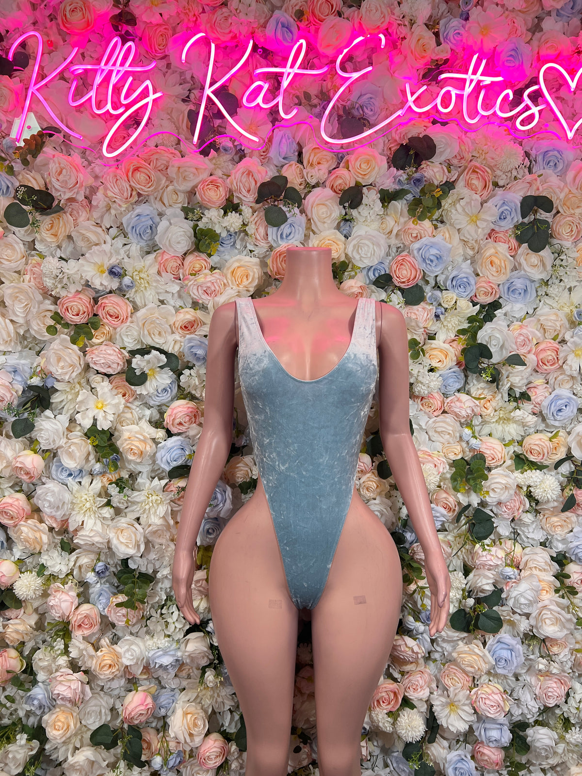 Baby Blue Velvet One Piece Set Rave Outfit  Festival Two Piece Dancewear Women’s Rave Clothing