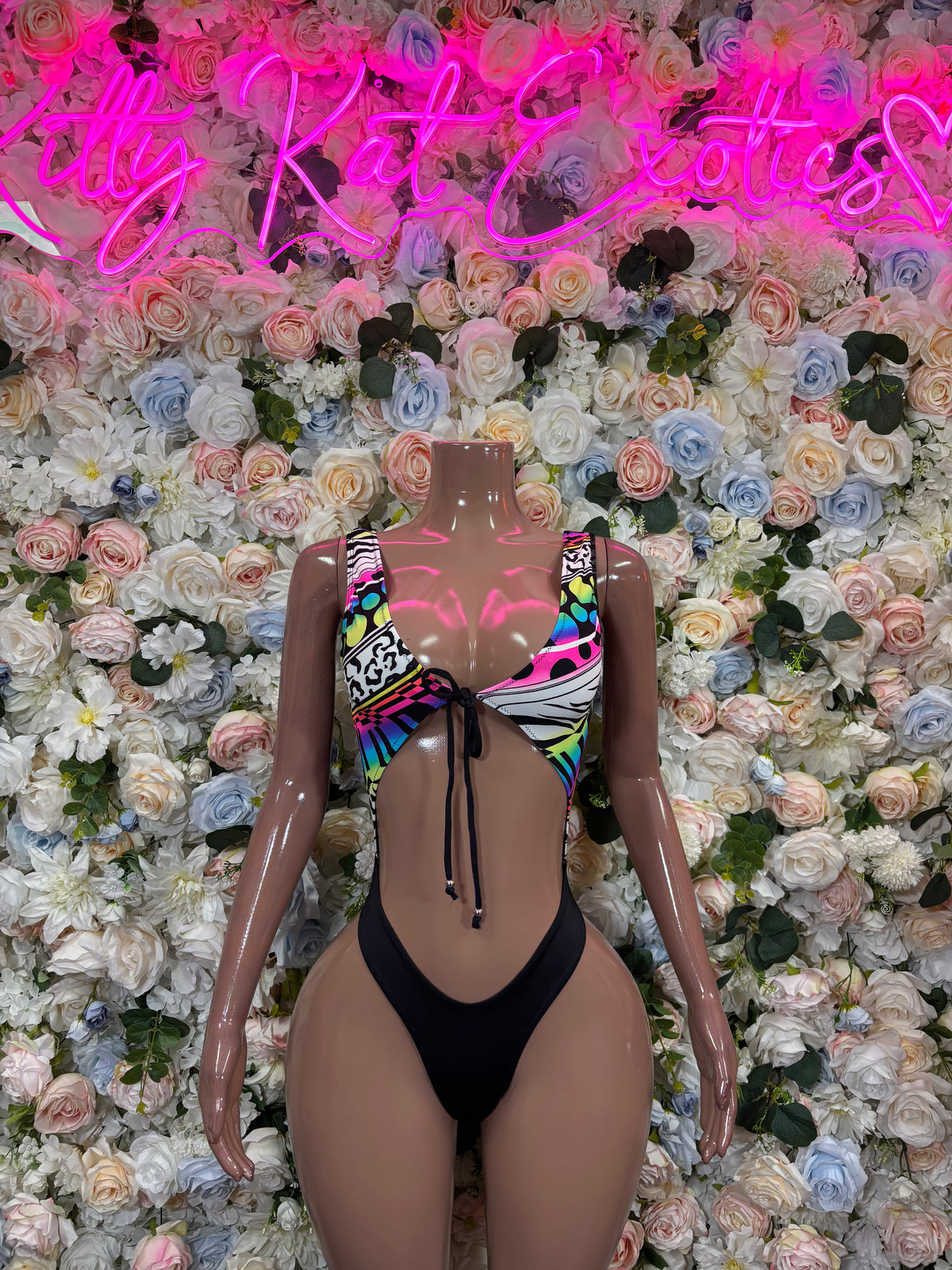 Neon Festive Print Rave Bodysuit, Tie Front Rave Outfit, Festival One Piece, Dancewear, Colorful Clubwear