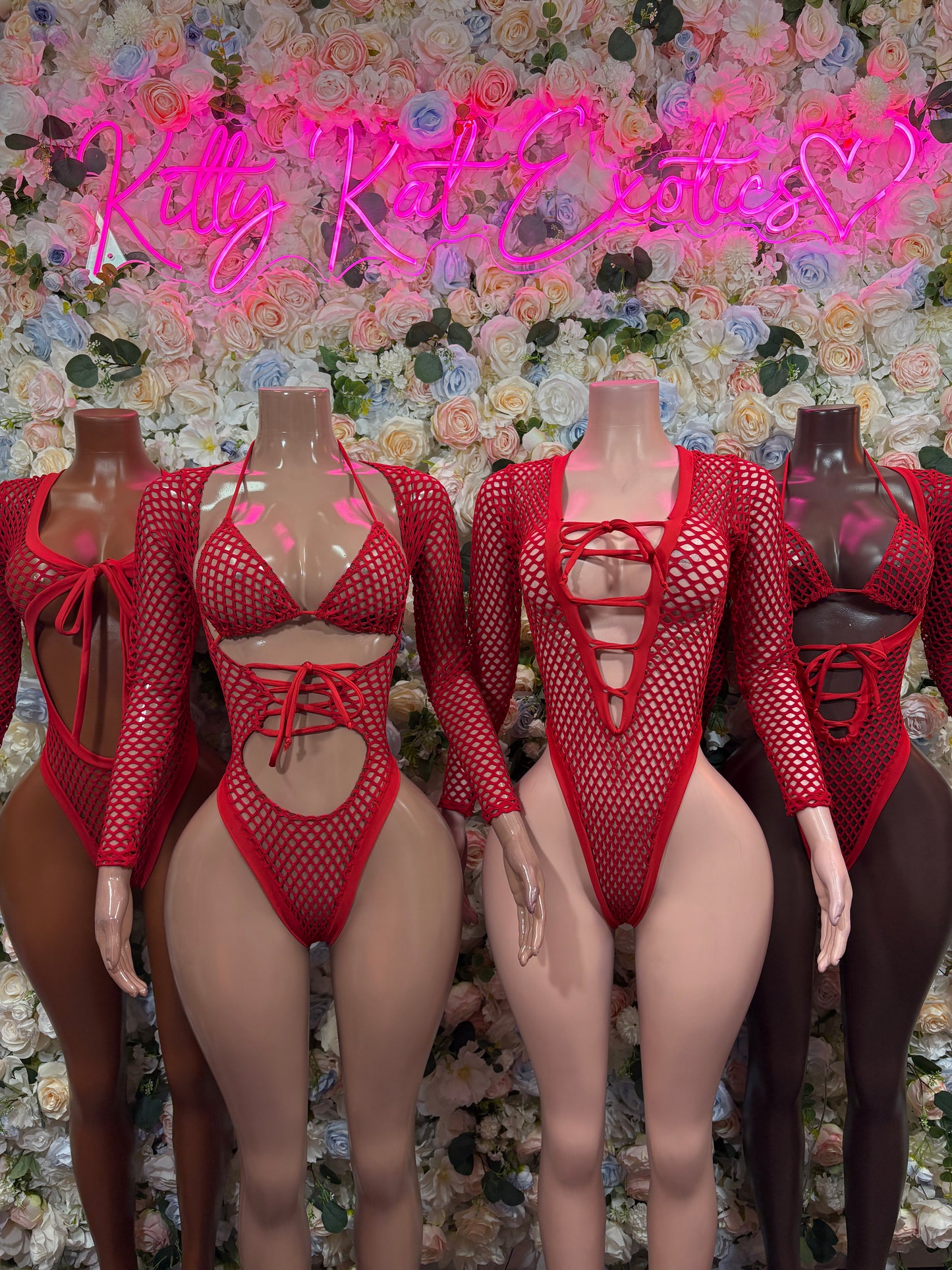 Bottlegirl Red Fishnet Bodysuit - Bottle Service Outfit, Rave Festival Clubwear One Piece Dancewear