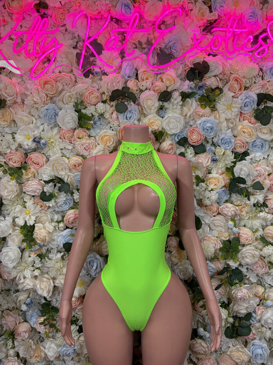 Neon green mesh halter bodysuit with high neck and central cutout