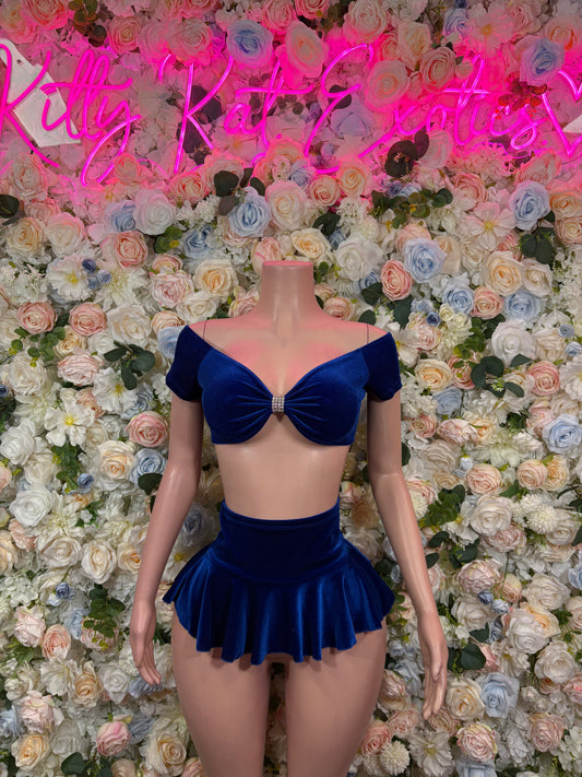 New Years Eve Skirt Set  Blue Velvet One Piece  Exotic Dancewear Costume Holiday Dress Womens Clothing