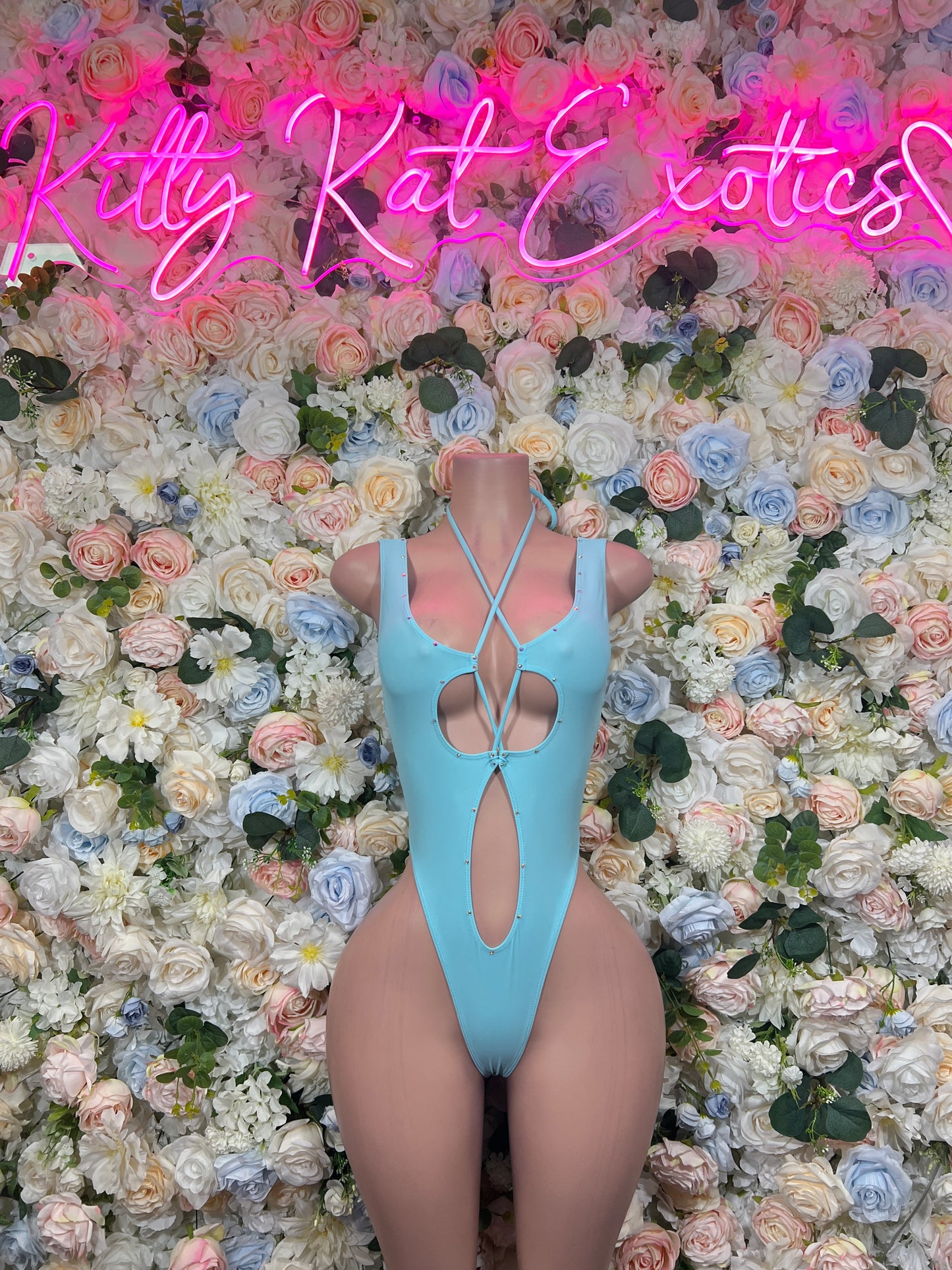 Baby Blue Rhinestone Cutout Bodysuit Strappy High Cut Thong Rave Festival Exotic Dancewear