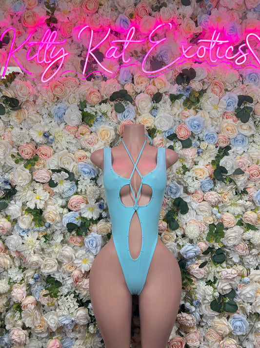 Light blue strappy high-cut thong bodysuit with X-back straps and oval cutout