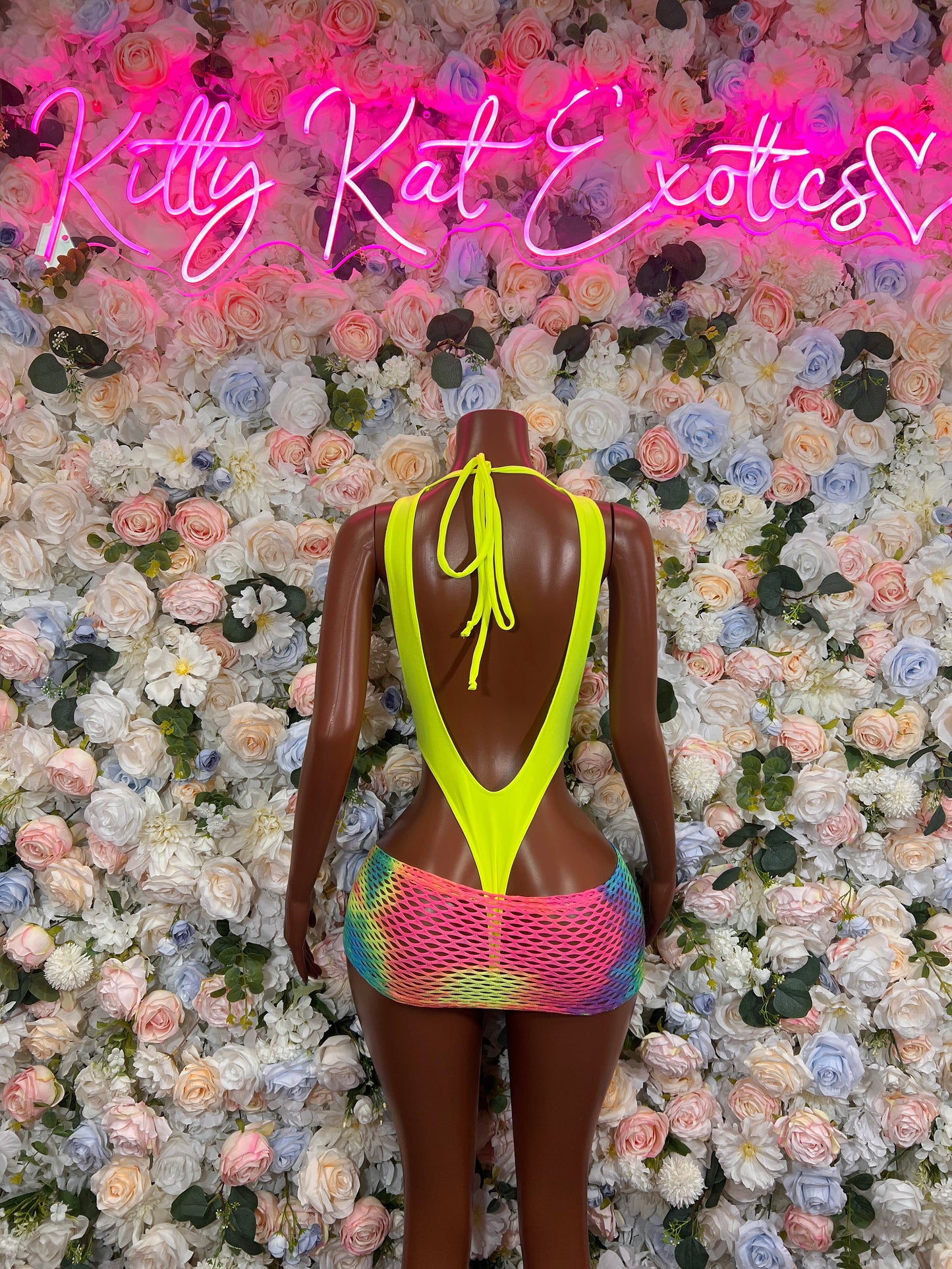 Neon Yellow Deep V Halter Bodysuit  Rainbow Mesh Cover Skirt Rave Festival Set Ravewear