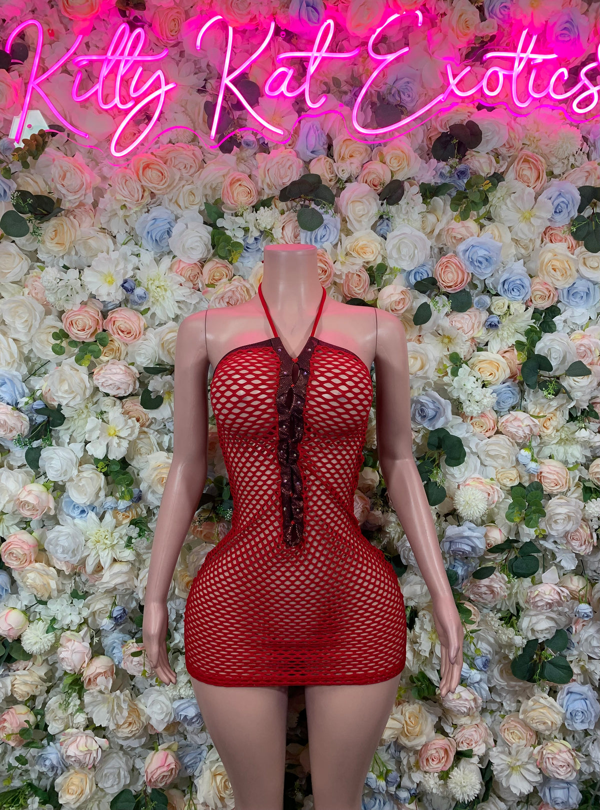 Red Fishnet Midi Cocktail Dress, Elegant Party Wear