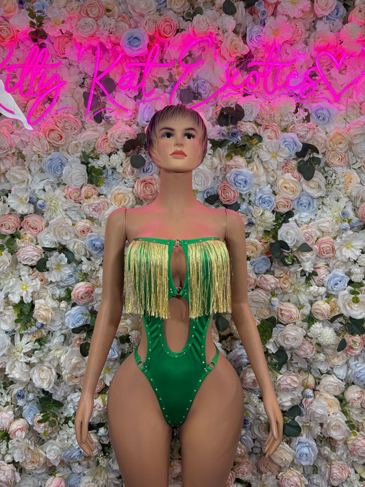 Green dance bodysuit with gold fringe straps and thong-cut bottom