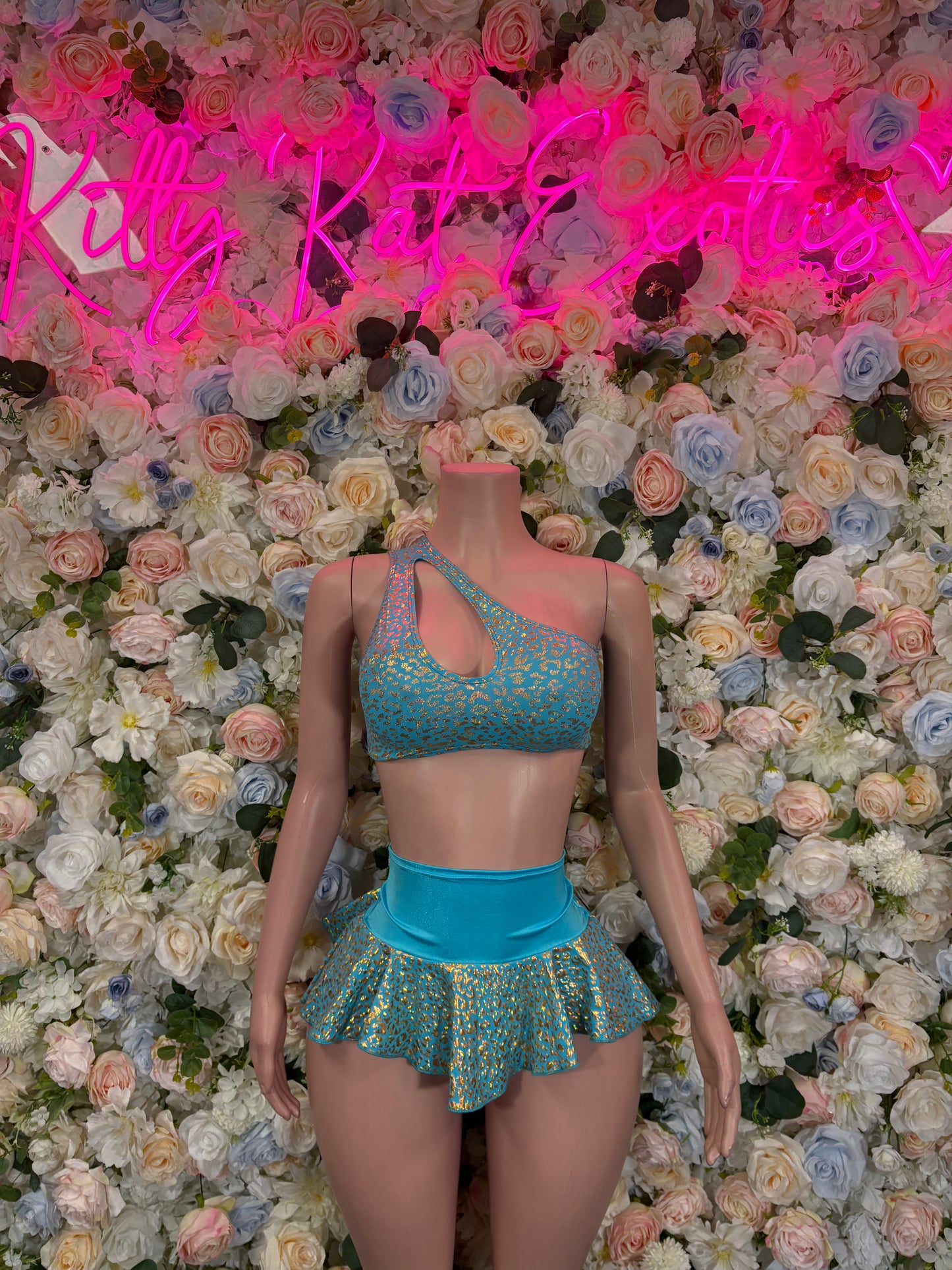 Bottlegirl Teal Cheetah Skirt Set  - Teal Ravewear, Bartender Festival Outfit, Sexy Clubwear, EDM Dance Costume