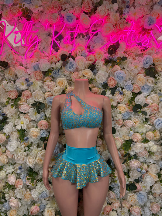 Teal glitter skirt set with halter bralette top and flared ruffle mini skirt