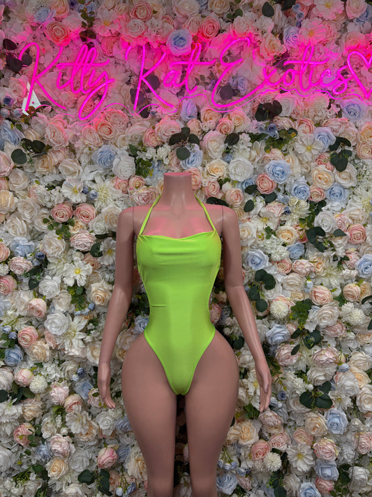 Neon green one-piece bodysuit with thin straps and scoop neckline