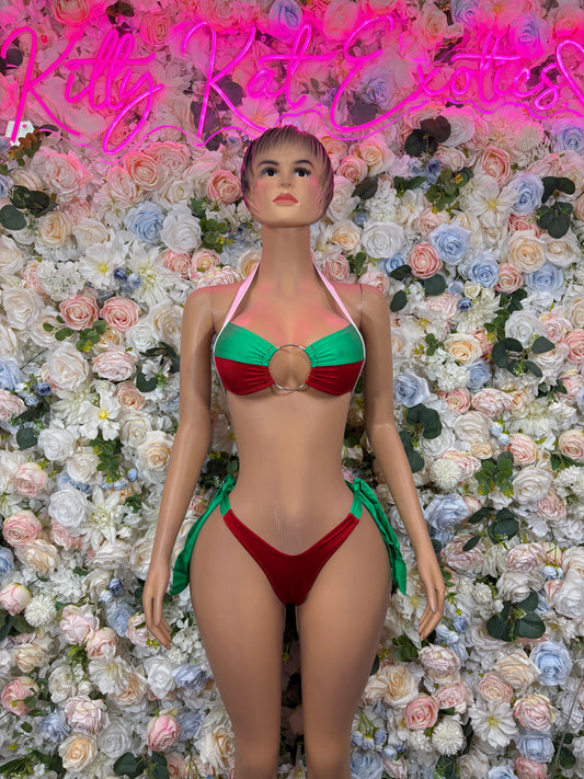 Mexican flag bikini set, front view with green triangle bra and red thong bottoms