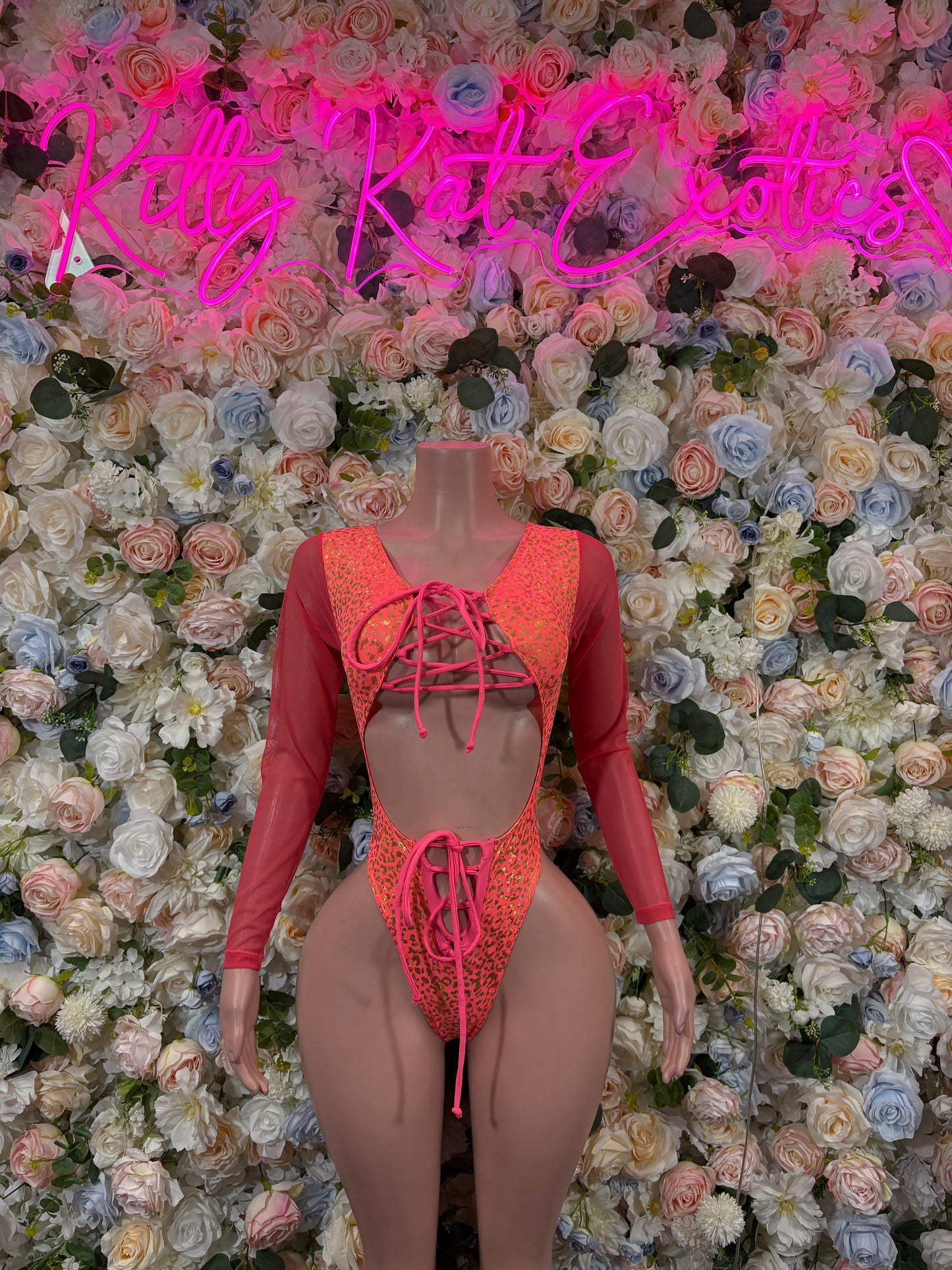 Bottlegirl Bodysuit One-Piece Coral Cheetah Print Bodysuit - Hologram Design | Exotic Dancewear for Performers, Raves