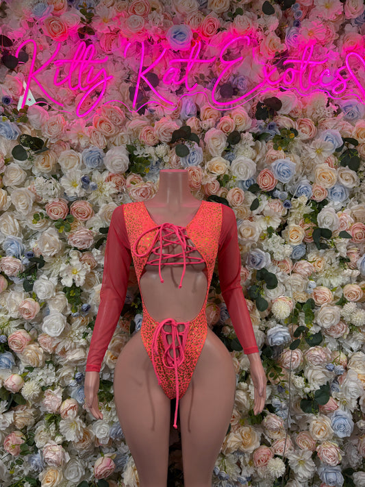 Bottlegirl Bodysuit One-Piece Coral Cheetah Print Bodysuit - Hologram Design | Exotic Dancewear for Performers, Raves