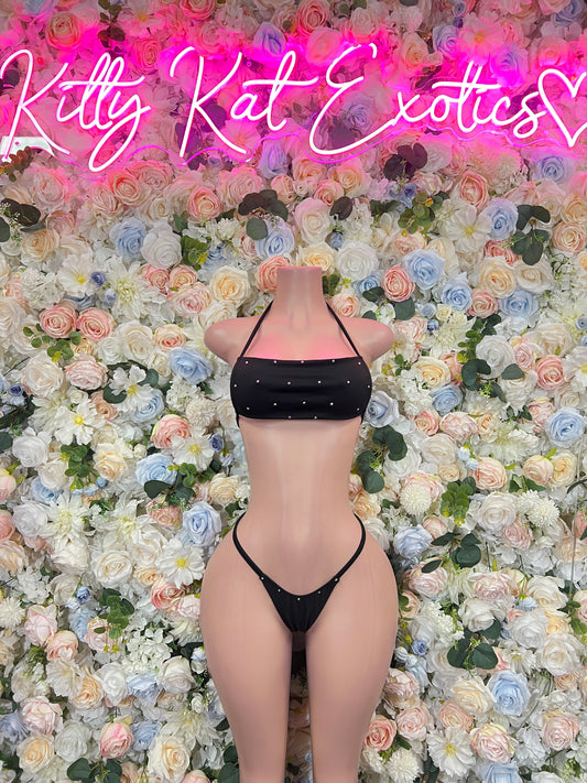 Black rhinestone bandeau bikini set with micro thong bottoms, front view on mannequin.