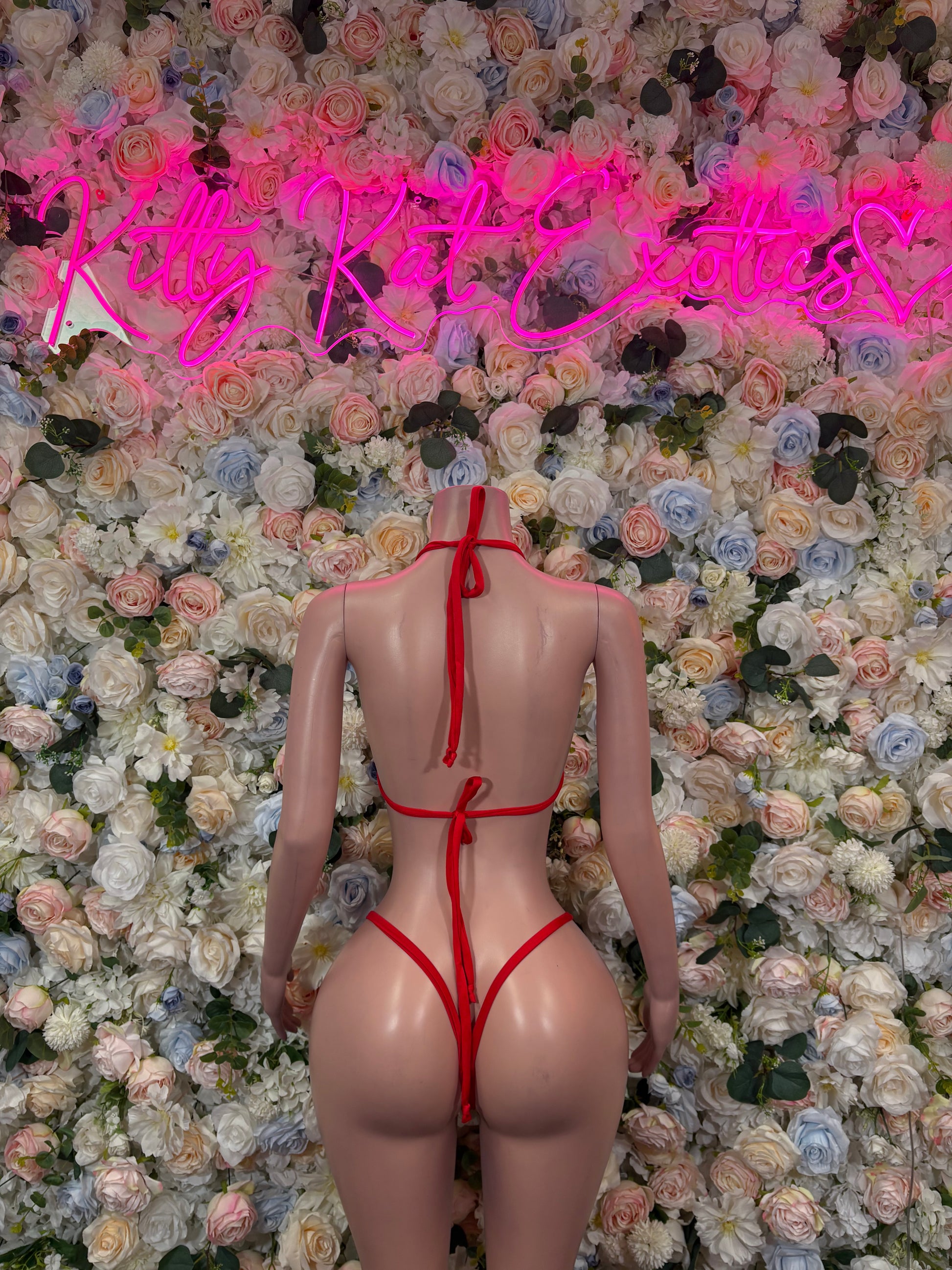 Red bikini two-piece set back view with crisscross tie straps