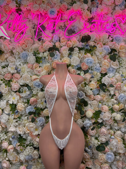 White lace festival bodysuit with deep V front and high-cut bottom