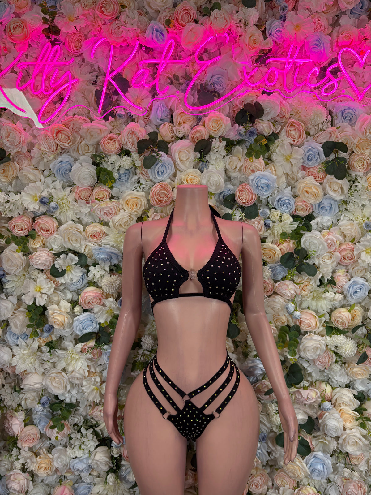 Black Rhinestone Strappy Bikini Set – Bottlegirl Outfit, Exotic Dancewear, Festival Rave Wear