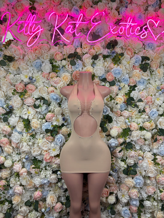 Nude bodycon mini dress with deep V neckline and cutout open back