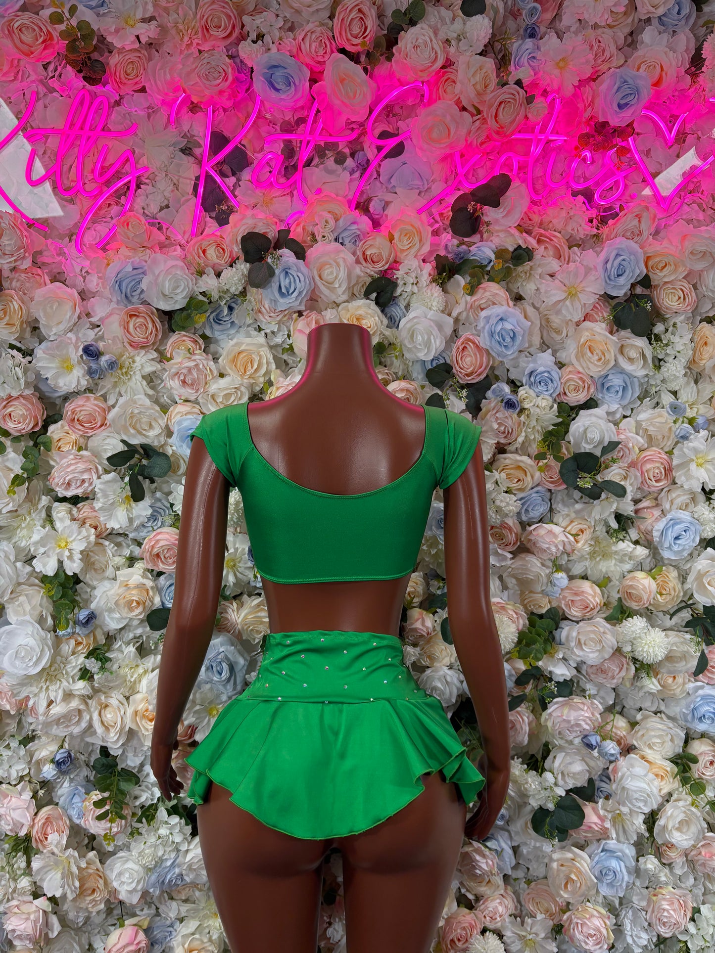 Rave Outfit Green  Two Piece Skirt Set  Bottlegirl Bartender Cheetah Print Bottlegirl Coachella Clubwear