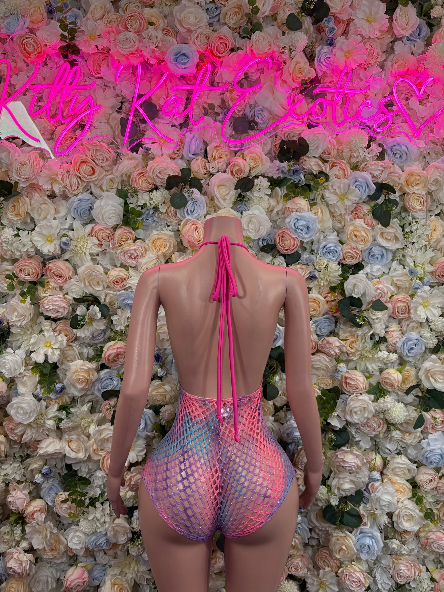 Multicolor fishnet one-piece bodysuit, open back with halter tie and high-cut legs
