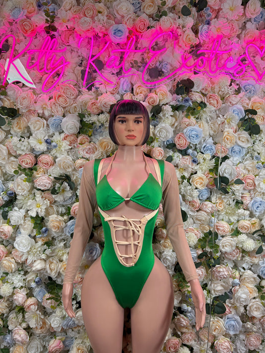 Green strappy bodysuit with plunging neckline and front lace-up detail