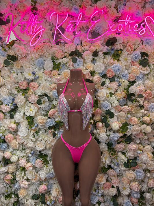 Pink fringe bikini set with triangle bra and string bikini bottoms
