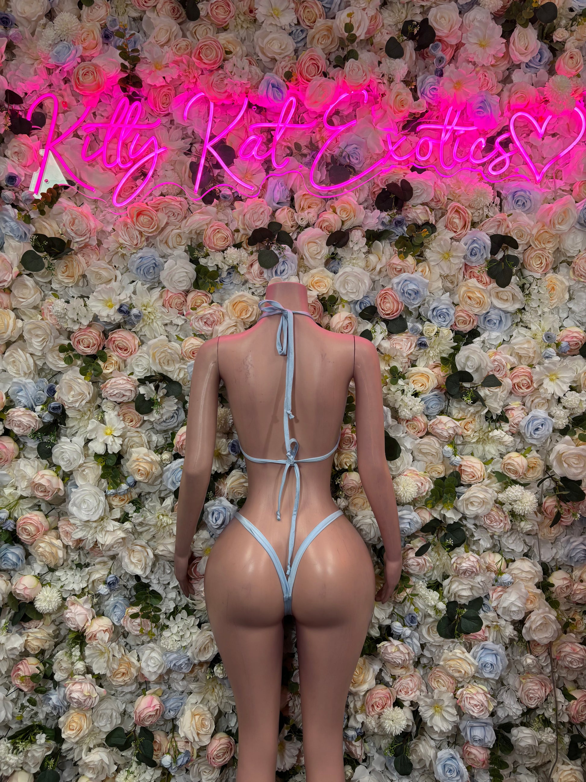 Light-blue triangle bikini back view with lace trim and adjustable tie strings