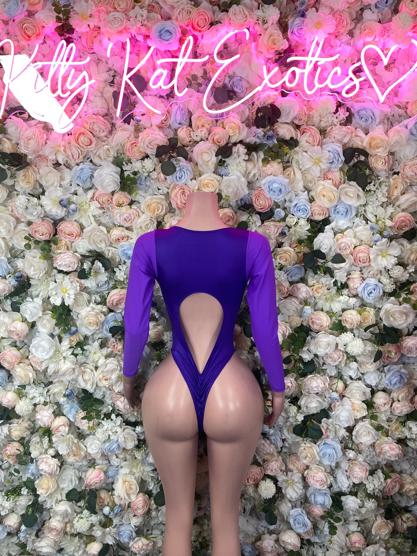 Purple long-sleeve bodysuit, open back with V cutout