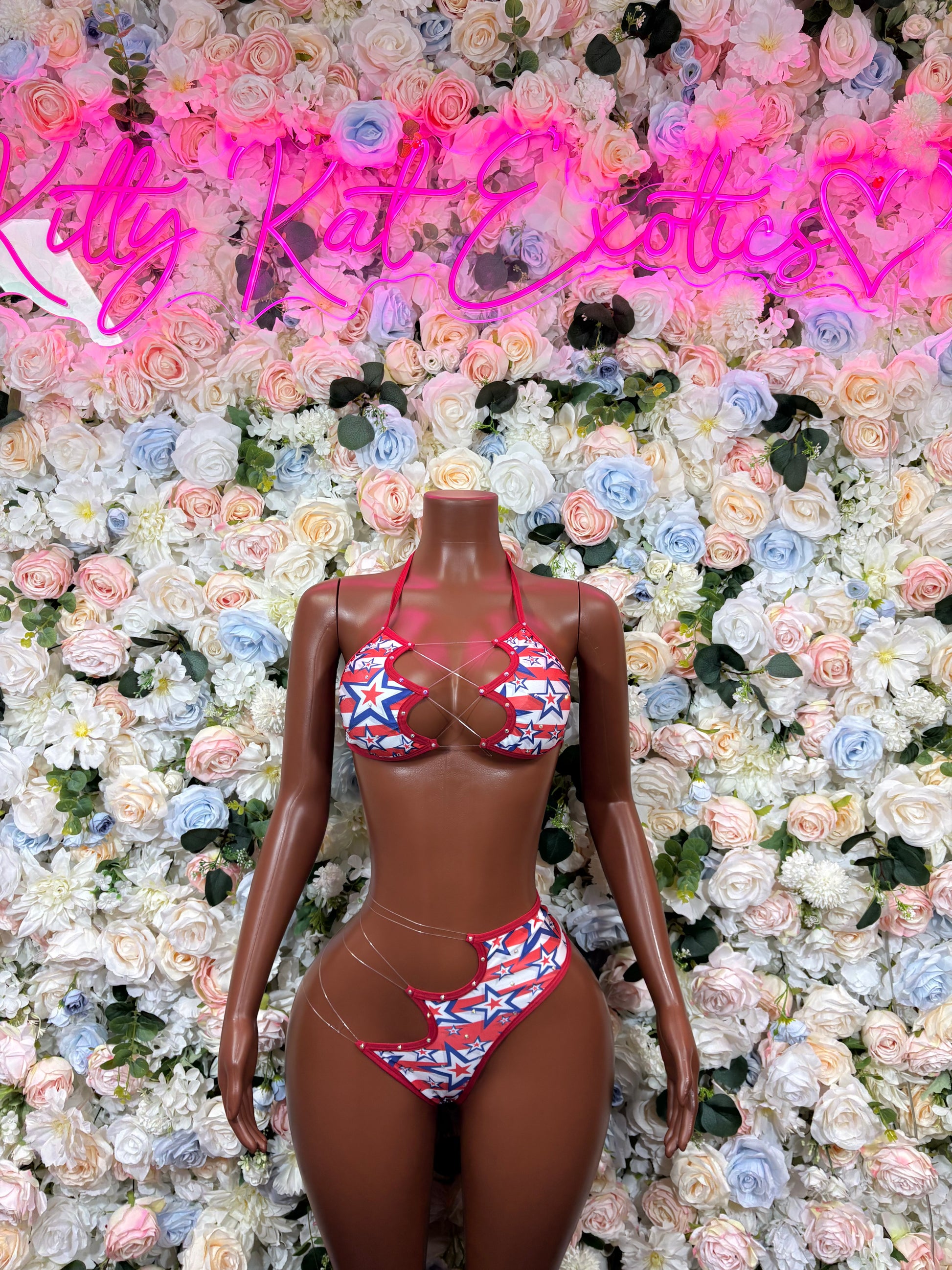 USA flag print triangle bikini set with red tie strings, front view