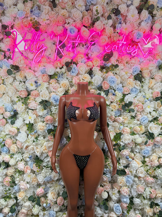 Exotic dancewear Black rhinestone bikini set – two piece stripper outfit, rave wear costume, pole dance lingerie, festival bikini