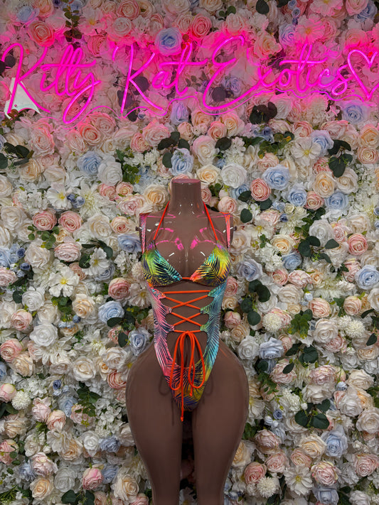 Metallic tropical print bodysuit with rainbow cups and red crisscross lace front