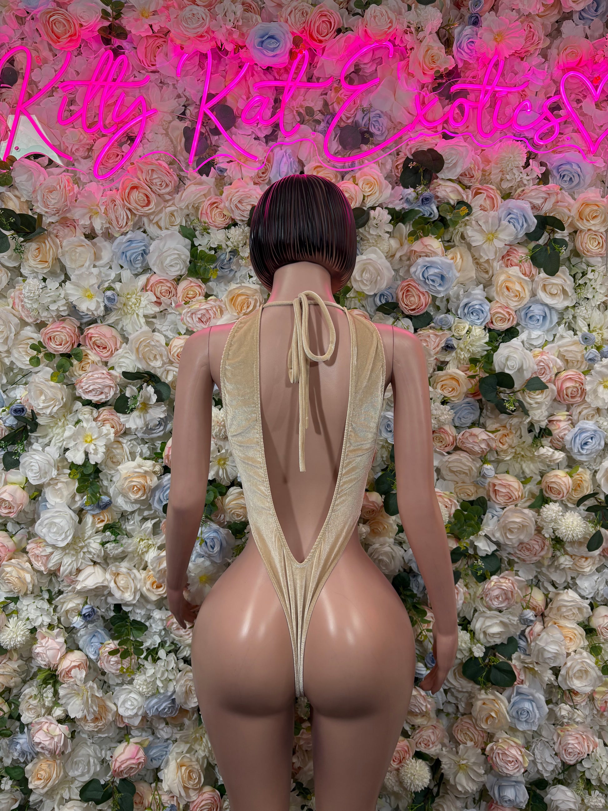 Tan velvet bodysuit, open back with tie strap detail and cheeky cut.