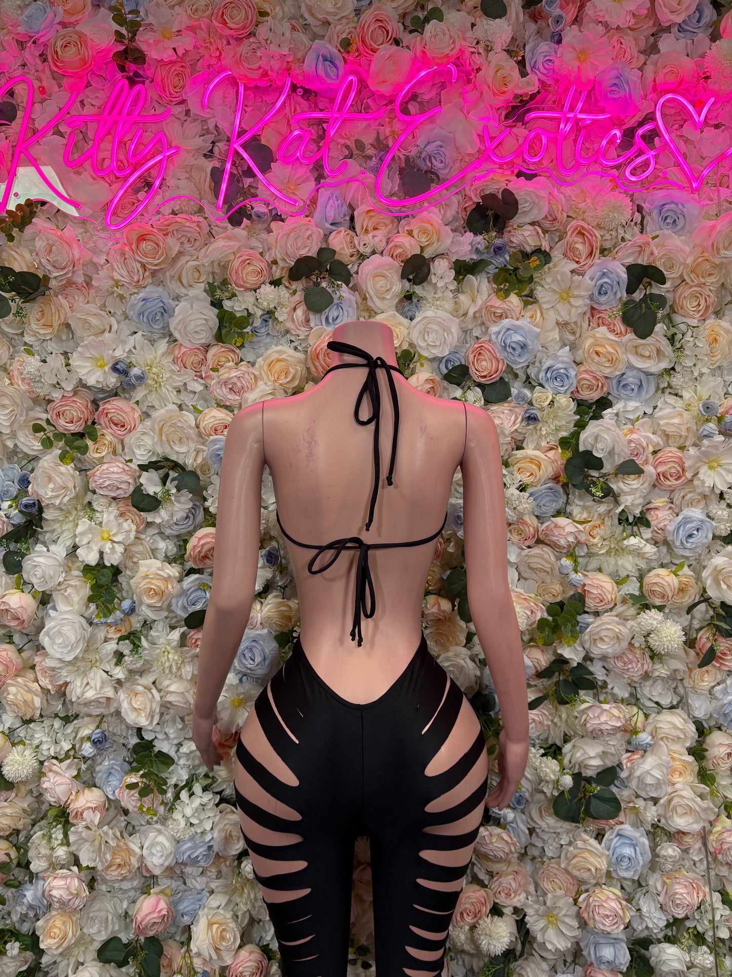 Black lace cutout bodysuit, open back with crisscross straps and tie