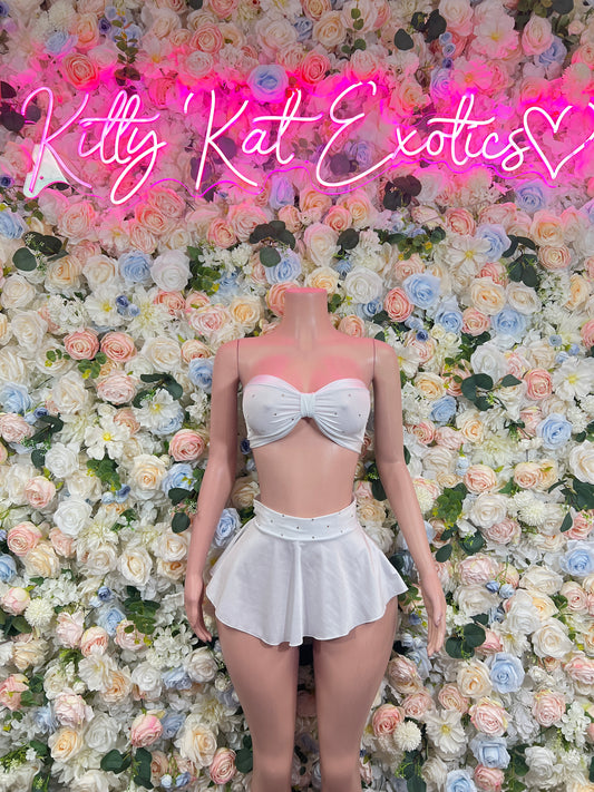 White two-piece rave outfit: strapless bandeau top with ruffled mini skirt set