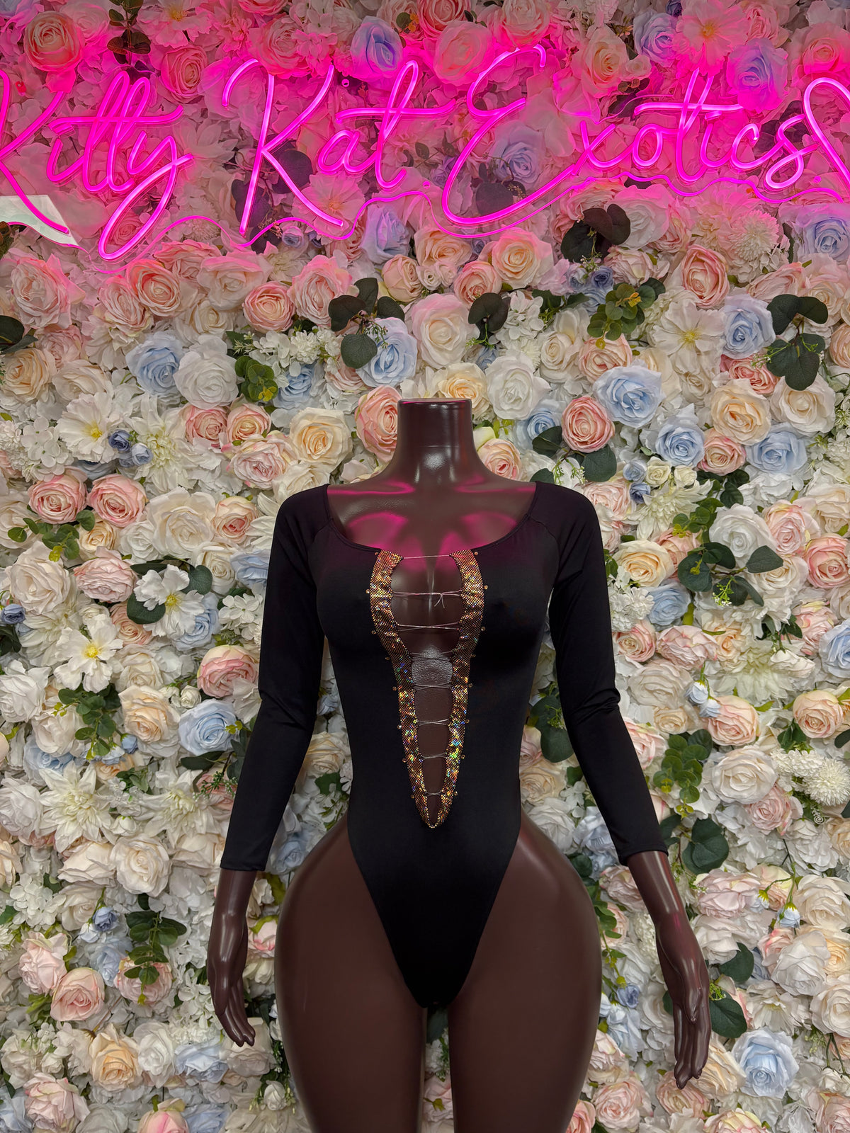 Black and Gold Long Sleeve Rave Bodysuit, Rhinestone Lace Up One Piece, Festival Outfit, Clubwear, Dance Performance Outfit