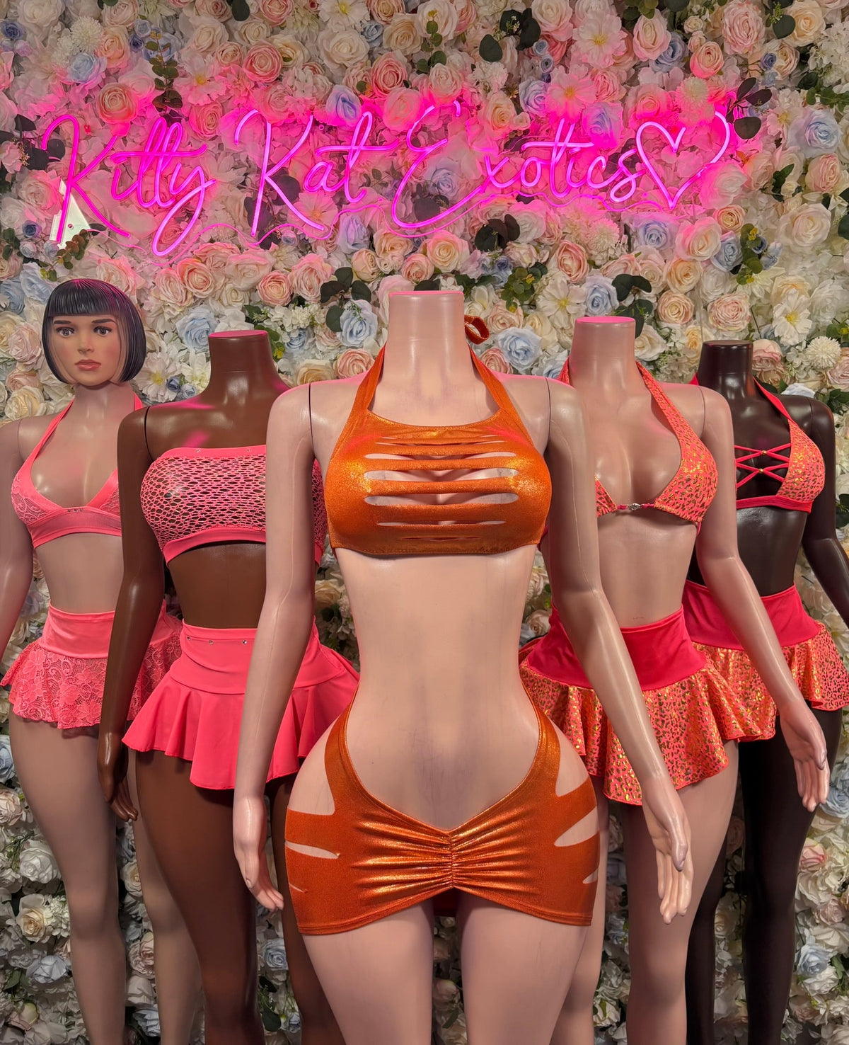 Copper orange slingshot cutout bodysuit with halter straps and front cutout panels