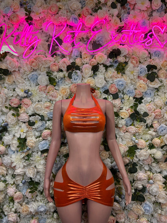Copper orange cutout slingshot bodysuit with glossy halter neckline and hip cutouts