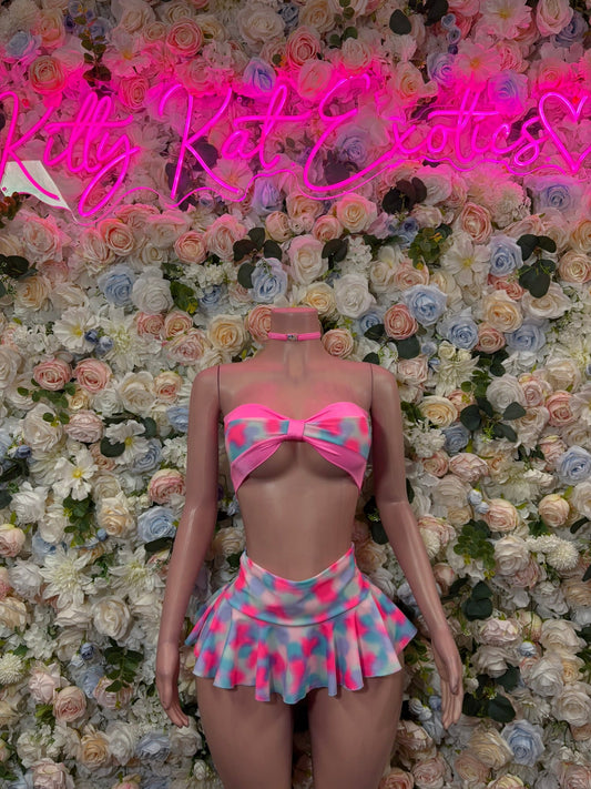 Pink bandeau bikini set with bow and abstract print peplum skirt
