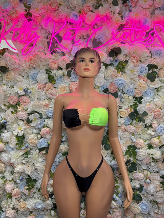 Black and neon green bandeau bikini set with high-cut bottoms